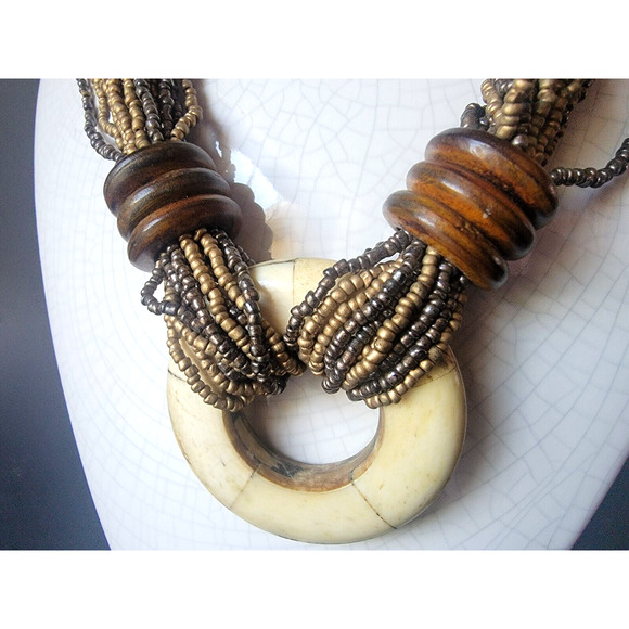 Vintage Tribal Boho Multi-Strand Beaded Necklace Wood Ring Pendant Folk Style - Picture 2 of 9